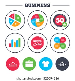 Business pie chart. Growth graph. Cloakroom icons. Hanger wardrobe signs. T-shirt clothes and baggage symbols. Super sale and discount buttons. Vector