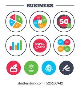 Business pie chart. Growth graph. Natural Bio food icons. Halal and Kosher signs. Gluten free and star of David symbols. Super sale and discount buttons. Vector