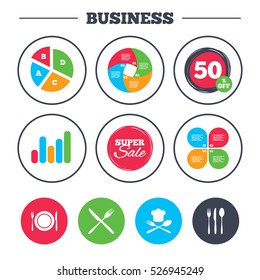 Business pie chart. Growth graph. Plate dish with forks and knifes icons. Chief hat sign. Crosswise cutlery symbol. Dining etiquette. Super sale and discount buttons. Vector