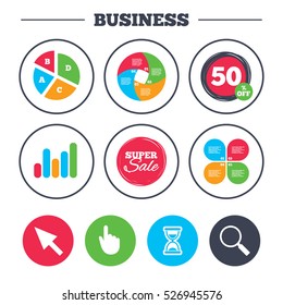 Business pie chart. Growth graph. Mouse cursor and hand pointer icons. Hourglass and magnifier glass navigation sign symbols. Super sale and discount buttons. Vector