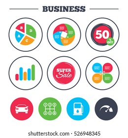 Business pie chart. Growth graph. Transport icons. Car tachometer and manual transmission symbols. Petrol or Gas station sign. Super sale and discount buttons. Vector
