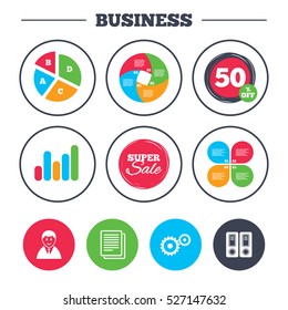 Business pie chart. Growth graph. Accounting workflow icons. Human silhouette, cogwheel gear and documents folders signs symbols. Super sale and discount buttons. Vector