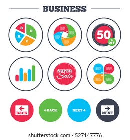 Business pie chart. Growth graph. Back and next navigation signs. Arrow direction icons. Super sale and discount buttons. Vector
