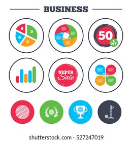 Business pie chart. Growth graph. Golf ball icons. Laurel wreath winner award cup sign. Luxury sport symbol. Super sale and discount buttons. Vector