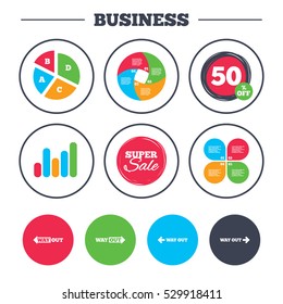 Business pie chart. Growth graph. Way out icons. Left and right arrows symbols. Direction signs in the subway. Super sale and discount buttons. Vector