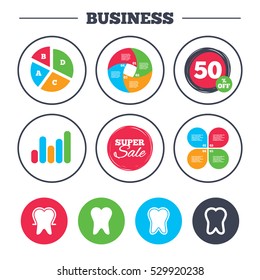 Business pie chart. Growth graph. Tooth enamel protection icons. Dental toothpaste care signs. Healthy teeth sign. Super sale and discount buttons. Vector
