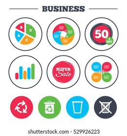 Business pie chart. Growth graph. Recycle bin icons. Reuse or reduce symbols. Trash can and recycling signs. Super sale and discount buttons. Vector