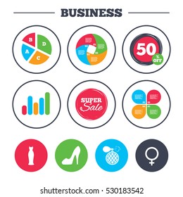 Business pie chart. Growth graph. Wedding dress icon. Women shoe sign. Perfume glamour fragrance symbol. Super sale and discount buttons. Vector