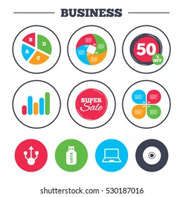 Business pie chart. Growth graph. Usb flash drive icons. Notebook or Laptop pc symbols. CD or DVD sign. Compact disc. Super sale and discount buttons. Vector