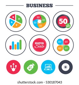 Business pie chart. Growth graph. Usb flash drive icons. Notebook or Laptop pc symbols. CD or DVD sign. Compact disc. Super sale and discount buttons. Vector