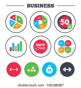 Business pie chart. Growth graph. Dumbbells sign icons. Fitness sport symbols. Gym workout equipment. Super sale and discount buttons. Vector