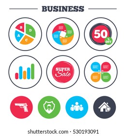 Business pie chart. Growth graph. Security agency icons. Home shield protection symbols. Gun weapon sign. Group of people or Share. Super sale and discount buttons. Vector