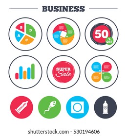 Business pie chart. Growth graph. Safe sex love icons. Condom in package symbol. Sperm sign. Fertilization or insemination. Heart symbol. Super sale and discount buttons. Vector