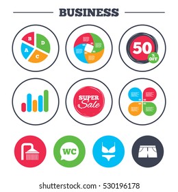 Business pie chart. Growth graph. Swimming pool icons. Shower water drops and swimwear symbols. WC Toilet speech bubble sign. Trunks and women underwear. Super sale and discount buttons. Vector