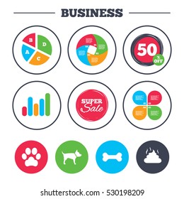 Business pie chart. Growth graph. Pets icons. Dog paw and feces signs. Clean up after pets. Pets food. Super sale and discount buttons. Vector