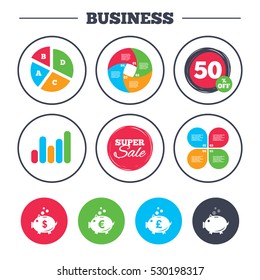 Business pie chart. Growth graph. Piggy bank icons. Dollar, Euro and Pound moneybox signs. Cash coin money symbols. Super sale and discount buttons. Vector