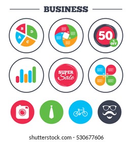Business pie chart. Growth graph. Hipster photo camera. Mustache with beard icon. Glasses and tie symbols. Bicycle sign. Super sale and discount buttons. Vector