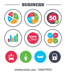 Business pie chart. Growth graph. Petrol or Gas station services icons. Automated car wash signs. Hotdog sandwich and hot coffee cup symbols. Super sale and discount buttons. Vector