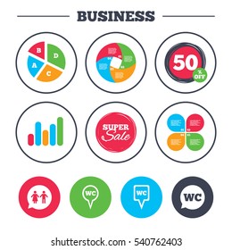 Business pie chart. Growth graph. WC Toilet pointer icons. Gents and ladies room signs. Man and woman speech bubble symbols. Super sale and discount buttons. Vector