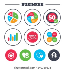 Business pie chart. Growth graph. Valentine day love icons. Love heart timer symbol. Couple lovers sign. Add new love relationship. Super sale and discount buttons. Vector