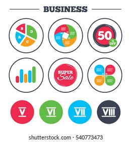 Business pie chart. Growth graph. Roman numeral icons. 5, 6, 7 and 8 digit characters. Ancient Rome numeric system. Super sale and discount buttons. Vector