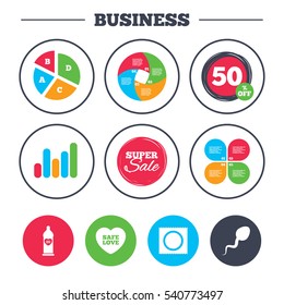Business pie chart. Growth graph. Safe sex love icons. Condom in package symbol. Sperm sign. Fertilization or insemination. Super sale and discount buttons. Vector