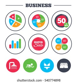 Business pie chart. Growth graph. Swimming pool icons. Shower water drops and swimwear symbols. Human swims in sea waves sign. Trunks and women underwear. Super sale and discount buttons. Vector