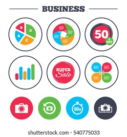 Business pie chart. Growth graph. Photo camera icon. Flip turn or refresh symbols. Stopwatch timer 10 seconds sign. Super sale and discount buttons. Vector