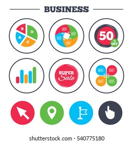 Business pie chart. Growth graph. Mouse cursor icon. Hand or Flag pointer symbols. Map location marker sign. Super sale and discount buttons. Vector