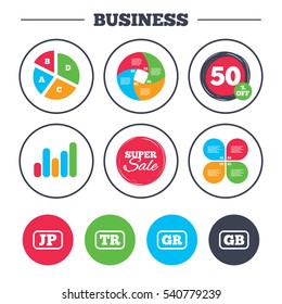 Business pie chart. Growth graph. Language icons. JP, TR, GR and GB translation symbols. Japan, Turkey, Greece and England languages. Super sale and discount buttons. Vector