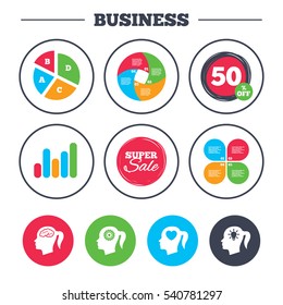 Business pie chart. Growth graph. Head with brain and idea lamp bulb icons. Female woman think symbols. Cogwheel gears signs. Love heart. Super sale and discount buttons. Vector