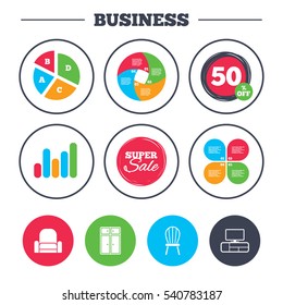 Business pie chart. Growth graph. Furniture icons. Cupboard, chair and TV table signs. Modern armchair symbol. Super sale and discount buttons. Vector