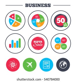 Business pie chart. Growth graph. Airplane icons. World globe symbol. Boarding pass flight sign. Airport ticket with QR code. Super sale and discount buttons. Vector