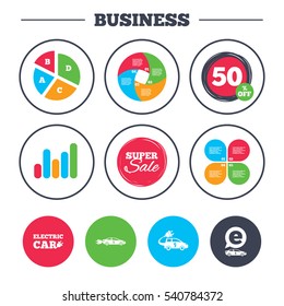 Business pie chart. Growth graph. Electric car icons. Sedan and Hatchback transport symbols. Eco fuel vehicles signs. Super sale and discount buttons. Vector