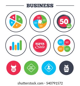 Business pie chart. Growth graph. Baby on board icons. Infant caution signs. Child pacifier nipple. Pregnant woman dress with big belly. Super sale and discount buttons. Vector