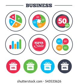 Business pie chart. Growth graph. Sale gift box tag icons. Discount special offer symbols. 50%, 60%, 70% and 80% percent discount signs. Super sale and discount buttons. Vector