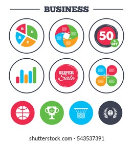 Business pie chart. Growth graph. Basketball sport icons. Ball with basket and award cup signs. Laurel wreath symbol. Super sale and discount buttons. Vector