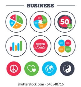 Business pie chart. Growth graph. World globe icon. Ying yang sign. Hearts love sign. Peace hope. Harmony and balance symbol. Super sale and discount buttons. Vector