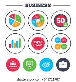 Business pie chart. Growth graph. Human resources and Business icons. Presentation board with charts signs. Case and gear symbols. Super sale and discount buttons. Vector