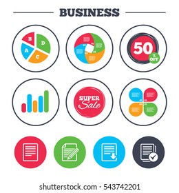Business pie chart. Growth graph. File document icons. Download file symbol. Edit content with pencil sign. Select file with checkbox. Super sale and discount buttons. Vector