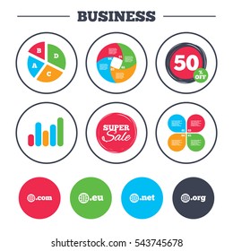 Business pie chart. Growth graph. Top-level internet domain icons. Com, Eu, Net and Org symbols with globe. Unique DNS names. Super sale and discount buttons. Vector