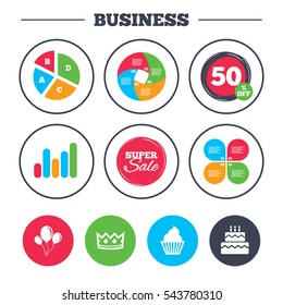 Business pie chart. Growth graph. Birthday crown party icons. Cake and cupcake signs. Air balloons with rope symbol. Super sale and discount buttons. Vector