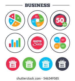 Business pie chart. Growth graph. Sale gift box tag icons. Discount special offer symbols. 30%, 50%, 70% and 90% percent sale signs. Super sale and discount buttons. Vector