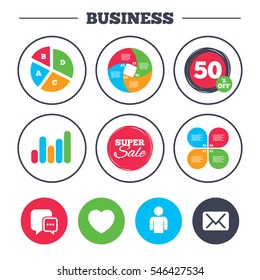 Business pie chart. Growth graph. Social media icons. Chat speech bubble and Mail messages symbols. Love heart sign. Human person profile. Super sale and discount buttons. Vector
