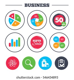 Business pie chart. Growth graph. Medical icons. Atom, magnifier glass, checklist signs. Medical heart pills bottle symbol. Pharmacy medicine drugs. Super sale and discount buttons. Vector