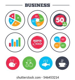 Business pie chart. Growth graph. Hot food icons. Grill chicken and fish symbols. Hot coffee cup sign. Cook or fry apple and pear fruits. Super sale and discount buttons. Vector