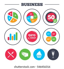 Business pie chart. Growth graph. Food icons. Muffin cupcake symbol. Fork and knife sign. Glass of champagne or wine. Slice of cheese. Super sale and discount buttons. Vector