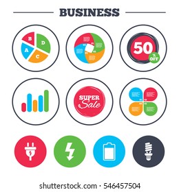 Business pie chart. Growth graph. Electric plug icon. Fluorescent lamp and battery symbols. Low electricity and idea signs. Super sale and discount buttons. Vector