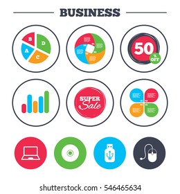 Business pie chart. Growth graph. Notebook pc and Usb flash drive stick icons. Computer mouse and CD or DVD sign symbols. Super sale and discount buttons. Vector