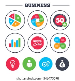 Business pie chart. Growth graph. Business icons. Human silhouette and lamp bulb idea signs. Dollar money bag and gear symbols. Super sale and discount buttons. Vector
